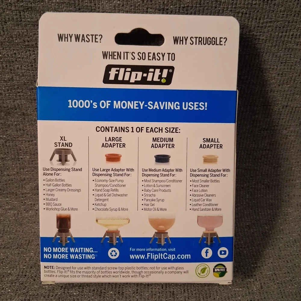 Flip-It Bottle Emptying Kit Reusable Dishwasher Safe Stand Adapters New
